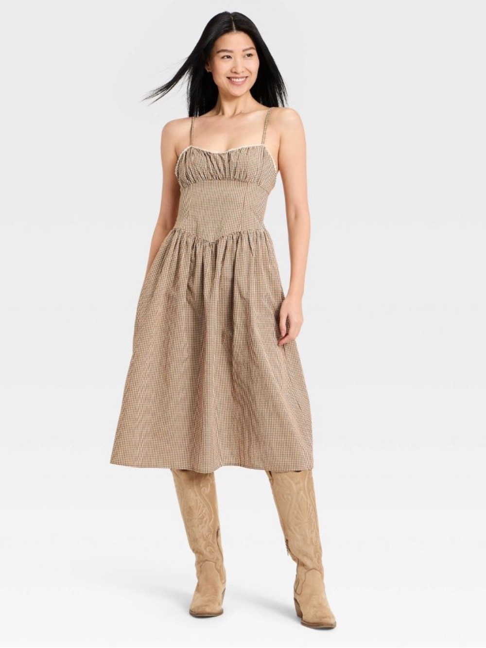 A New Day Women's Corset Midi Dress - Brown Gingham- L